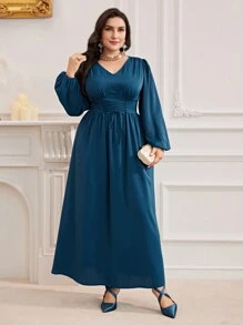 Modelyn Đầm dạ hội dài tay cổ chữ V tay đèn lồng buộc eo phong cách Ả Rập cỡ lớn - Màu xanh hải quân - Xem 6
