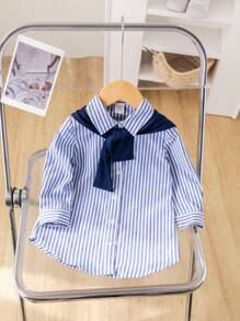 Baby Girl Striped Long Sleeve Dress & Navy Blue Shawl Winter Set - Blue - View 6