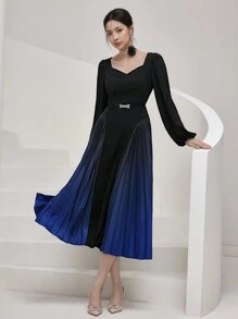Modelyn Women's Elegant Contrast Color Pleated Sweetheart Neck Long Sleeve Dress Long Evening Dresses - Black - View 1