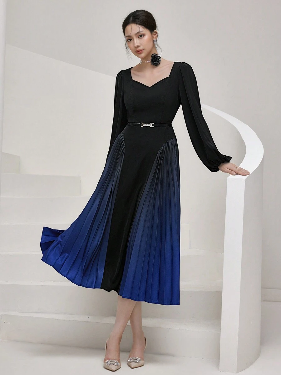 Modelyn Women's Elegant Contrast Color Pleated Sweetheart Neck Long Sleeve Dress Long Evening Dresses - Black - View 1