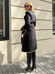 SHEIN Essnce Autumn Windbreaker Jacket, Double-Sided Color Block Shell Embroidery, Belted Waist Windbreaker Jacket, Large Lapel Loose Long Women's Jacket, Black Jacket, Winter Clothing, Street Wear, Jacket, Black Long Sleeve Top, Concert Outfits - Black - View 2