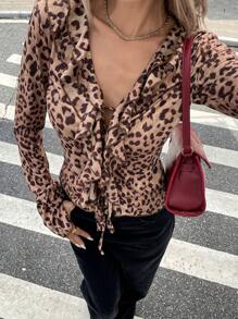 SHEIN Frenchy 女士荷叶边豹纹印花长袖褶皱下摆 T 恤 - 彩色 - 查看 4