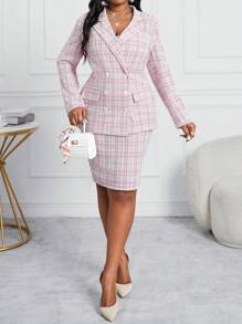 SHEIN Lady Autumn And Winter Elegant Pink Knitted V Neck Long Sleeve New Product Women Two-Piece Outfits Plus Size Fluffy Coats Two Piece Fall Outfits Women Skirt Set Blazer Set