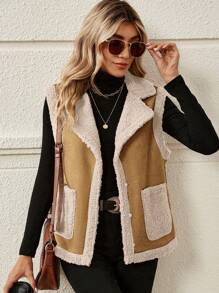 SHEIN LUNE Áo khoác vest vải chắp vá hai túi đơn giản cho nữ, mùa thu - màu nâu - Xem 7