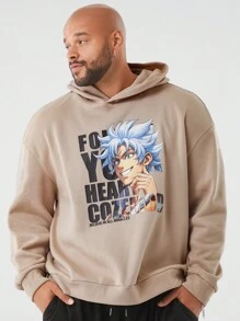 Manfinity NXTstreet Plus Size Men's Loose Fit Cartoon Character & Letter Printed Hoodie Sweatshirt