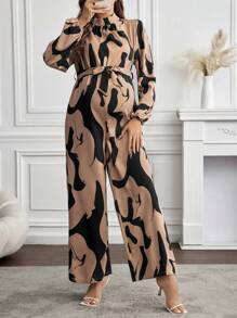 SHEIN Maternity All-Over Print Batwing Sleeve Loose Tie-Front Jumpsuit - Multicolor - View 5