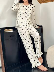 2 件套心形印花长袖上衣和长裤睡衣带荷叶边 - 杏色 - 查看 6