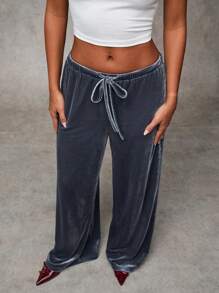 SHEIN BAE Women's Simple Front Tie Straight Leg Casual Pants - Grey - View 1