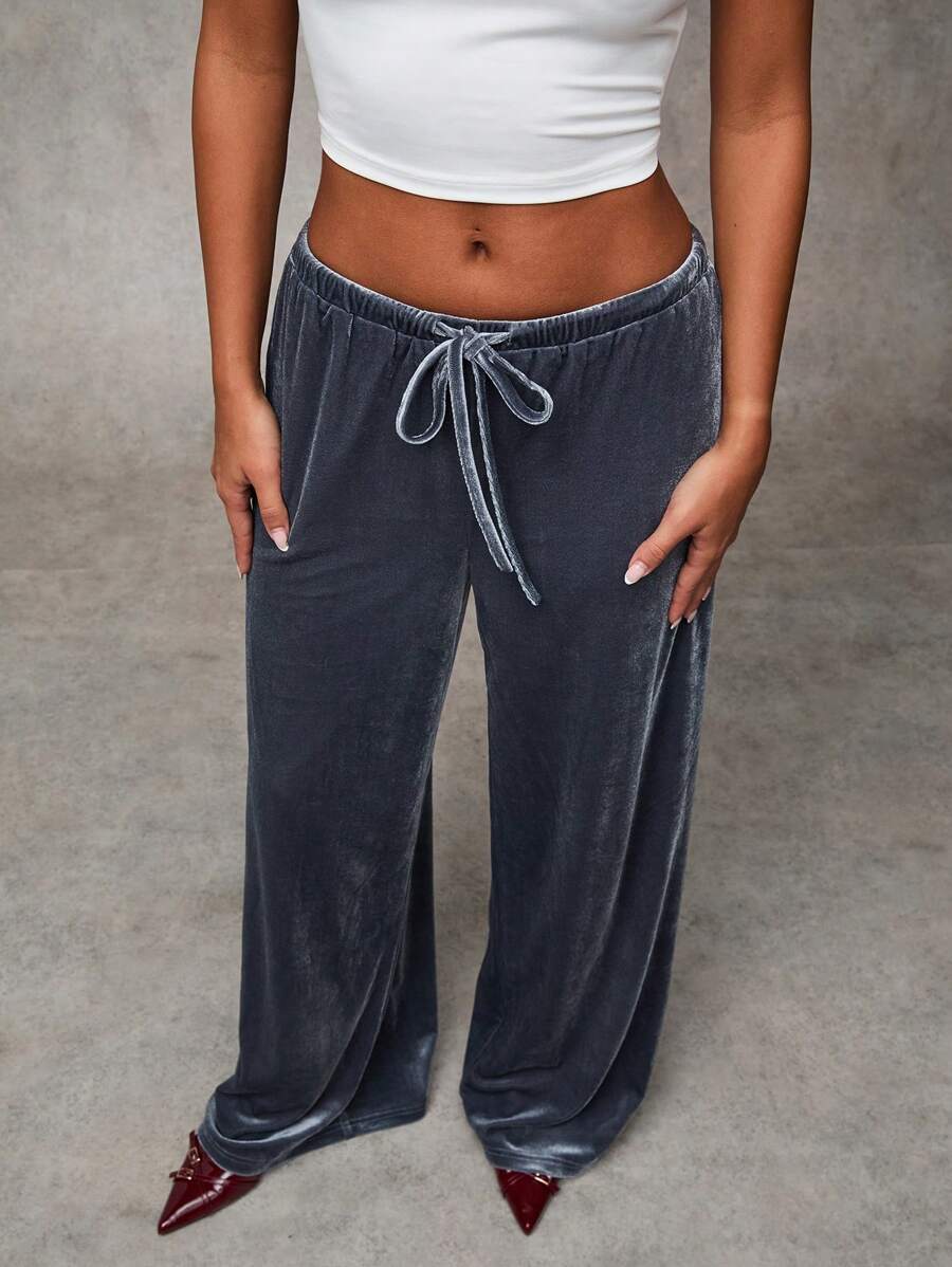 SHEIN BAE Women's Simple Front Tie Straight Leg Casual Pants - Grey - View 1