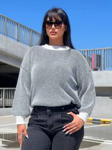 Flirla Plus Size Fashionable Design Loose Fit Long Sleeve Casual Colorblock Pullover Sweater Knit Pullover Fall Winter - Black and White - View 4