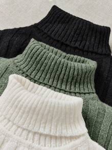 SHEIN LUNE 3pcs/Set Turtleneck Ribbed Fashionable All-Match Pullover Sweaters For Women, Autumn/Winter - Green - View 4