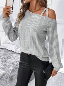 SHEIN Clasi Women's Ribbed Asymmetrical Neck Thermal Lined Pullover Sweater