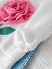 SHEIN Leap Crew 2 件装女婴可爱白色花卉刺绣运动衫和蓝色花卉松紧腰裤套装，秋冬 - 白色 - 查看 3