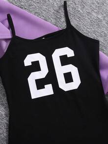 SHEIN 2 件套青少年女孩休闲装，包括字母印花连帽衫和数字图案吊带背心裙 - 紫丁香色 - 查看 3
