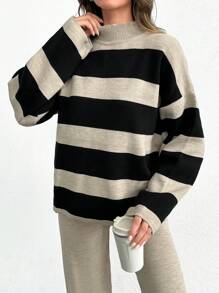 SHEIN Tall Striped Pattern Drop Shoulder Sweater & Knit Pants - Black and White - View 6