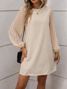 SHEIN Clasi 女士休闲纯色褶皱灯笼袖连衣裙，秋季 - 杏色 - 查看 5