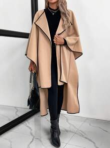 SHEIN LUNE 女士蓬松领蝙蝠袖宽松高低针织开衫 - 杏色 - 查看 1