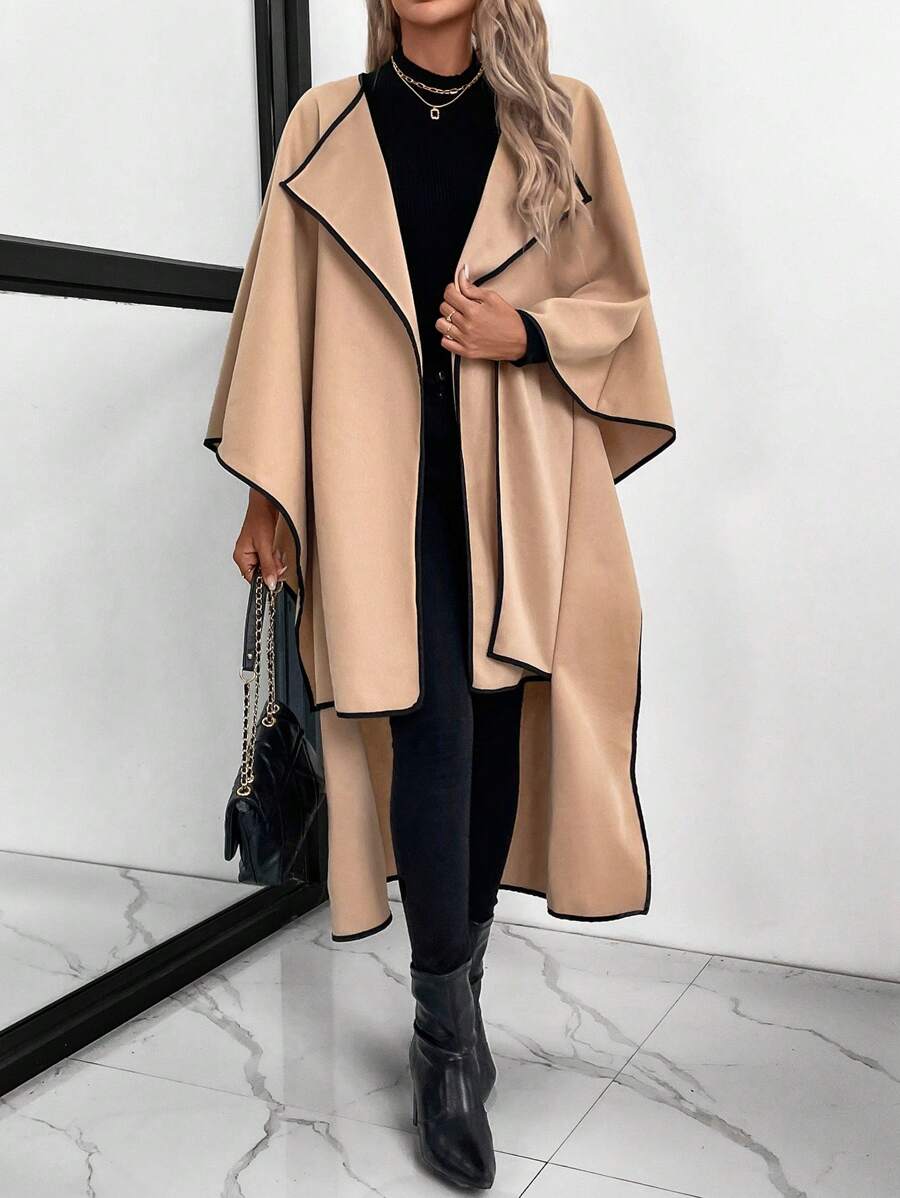 SHEIN LUNE 女士蓬松领蝙蝠袖宽松高低针织开衫 - 杏色 - 查看 1