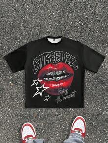 Manfinity RebelGame 男士宽松口气印花圆领短袖T恤套装，适合夏季 - 黑色 - 查看 9