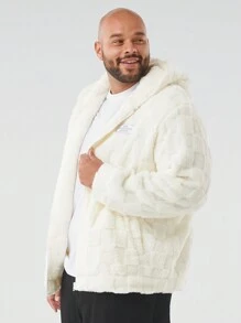 Manfinity VCAY Men's Plus Size Patch Letter Print Fluffy Hooded Casual Jacket, Autumn/Winter - White - View 3