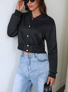 INAWLY Women's Solid Color Long Sleeve Single Breasted Casual Baseball Jacket, Spring & Autumn Fall Winter Cloth For Women - Black - View 6