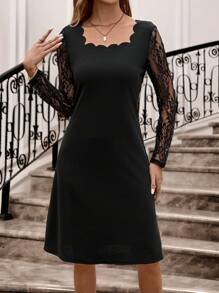 EMERY ROSE 纯色长袖撞色蕾丝女式连衣裙秋冬派对