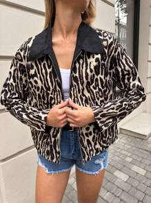 SHEIN Essnce Veste longue à manches longues avec imprimé léopard pour femmes, veste vintage américaine d'hiver, pour rendez-vous, mode - Multicolore - Voir 6