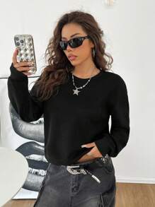 SHEIN EZwear Áo nỉ thường ngày trễ vai màu trơn cho nữ, Thu/Đông - màu đen - Xem 9