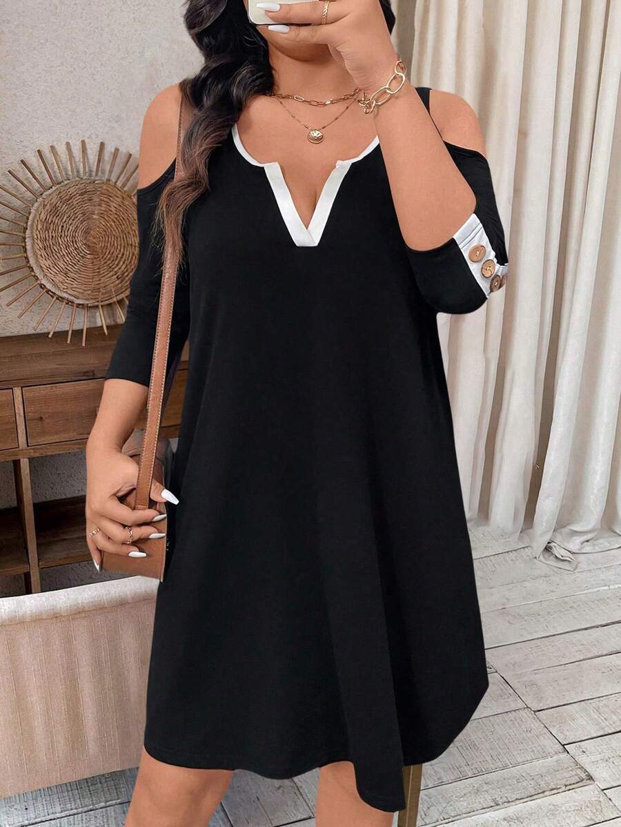 SHEIN LUNE Große Größen Farbblock Minikleid mit offenen Schultern und Knopfleiste, Lässig - Schwarz und Weiss - Übersicht 1