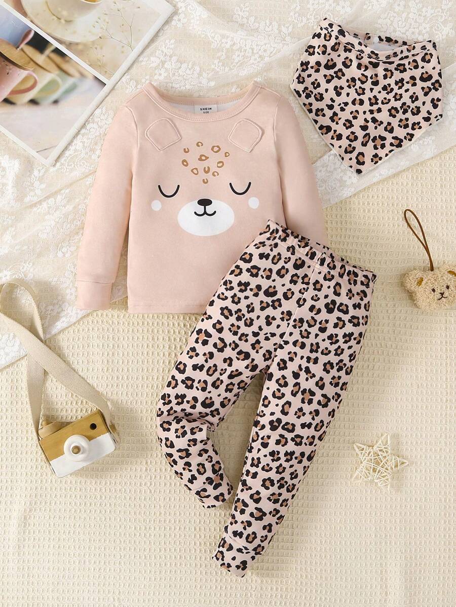 Bộ 3 bộ đồ liền quần dài tay in họa tiết gấu và da báo dễ thương cho bé gái sơ sinh, quần và yếm, vừa vặn thoải mái - Nhiều màu - Xem 1