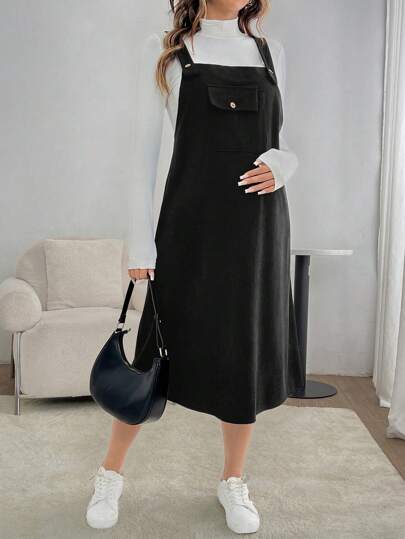 SHEIN 孕妇纯色口袋宽松长款休闲吊带连衣裙，春秋装，适合孕妇