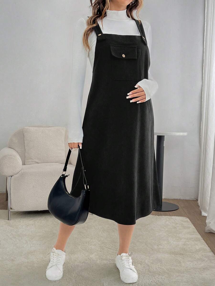 SHEIN Vestido casual suelto con bolsillo y tirantes de unicolor para mujeres embarazadas, para primavera y otoño, para maternidad - Negro - Ver 1