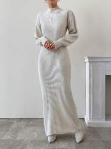 EURMUSE 1pc Solid Color Zip-Front Long Sleeve Casual Long Dress - Apricot - View 3