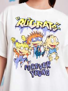 Nick 90s | SHEIN Áo thun hở vai in chữ và nhân vật hoạt hình cỡ lớn, mùa hè - trắng - Xem 3