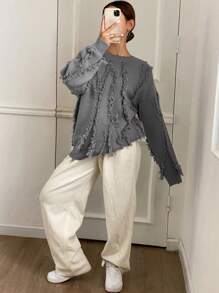 DAZY Loose Fit Round Neck Thickened Sweater For Women,Fall Women Clothes - Grey - View 3