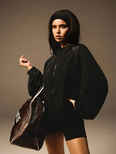 Athîral 女士春秋纯色插肩袖抽绳连帽宽松休闲夹克