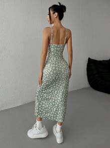 SHEIN EZwear Vestido de vacaciones para mujer con estampado floral, punto, escote lencero y bajo con abertura