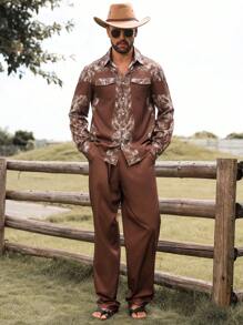 Manfinity RSRT 2pcs Men's Front Button Long Sleeve Printed Casual Shirt And Trousers Vacation Outfit Set ,Men Two Pieces Outfits ,Western Cowboy-Themed Printed Long-Sleeve Shirt And Pants Set In Brown ,Brown Pants