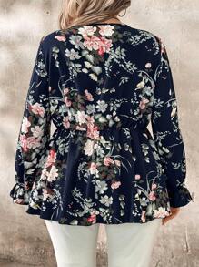 EMERY ROSE Camisa de talla grande con estampado floral todo sobre para otoño, top con volante