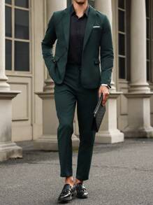 Manfinity Bizformal Men's Lapel Long-Sleeve Top And Classic Formal Long Pants Suit Set - Dark Green - View 3