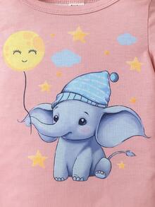 2pcs Baby Girls Cute Elephant Glow In Dark Snug Fit Long Sleeve Top And Pants Sleepwear Set - Multicolor - View 7
