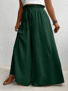 SHEIN LUNE 大码女式纯色纸袋腰系带阔腿裤 - 綠色 - 查看 3