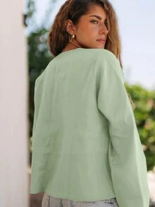 INAWLY Women's V-Neck Tie Front Long Sleeve Casual Loose Comfortable Blouse - Mint Green - View 2