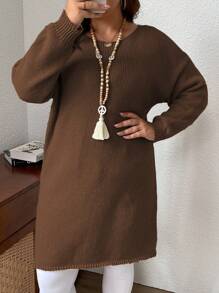 EMERY ROSE Plus Size Casual Ribbed Knit Drop Shoulder Loose Sweater Dress, Autumn Winter - Khaki - View 5