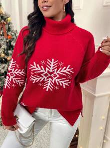 SHEIN LUNE 大码女式红色高领白色雪花提花侧开衩圣诞节假期休闲保暖舒适套头衫秋冬季 - 紅白色 - 查看 6