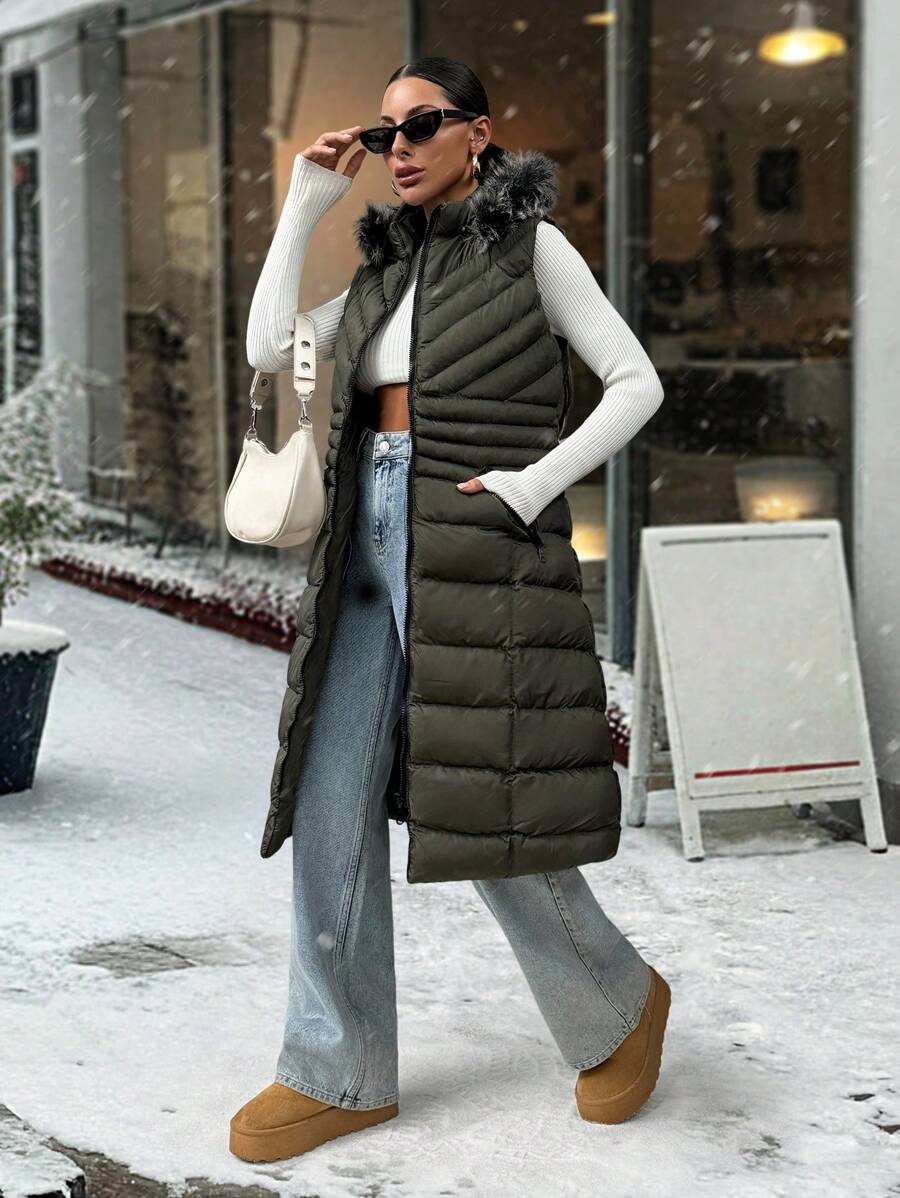 EURMUSE Fur And Zipper Added Padded Long Vest - Army Green - View 1