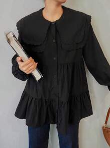 FRIFUL Women's Solid Color Large Lapel Casual Blouse, Spring & Autumn,Ruffle,Fall Women Clothes Long Sleeve Top