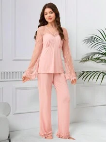 青少年女孩两件套睡衣套装，粉色简约时尚长袖上衣和裤子家居服 - 粉色 - 查看 9