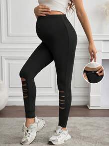 SHEIN Maternity Solid Color Hollow-Out High Waist Leggings - Black - View 1