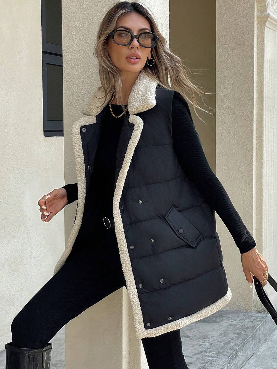 Serisse Women Color Block Front Button Placket Sleeveless Pockets Casual Padded Coat Fashionable Casual Geometric Quilted Long Sleeve Jacket With Pockets In Fall/Winter Black - Black - View 1